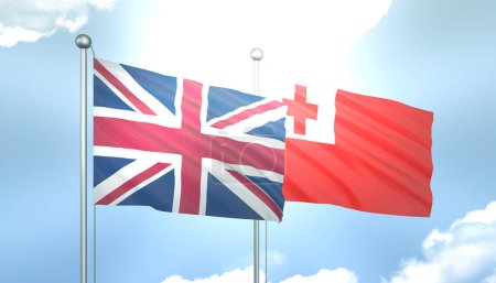 3D Flag of United Kingdom and Tonga on Blue Sky with Sun Shine