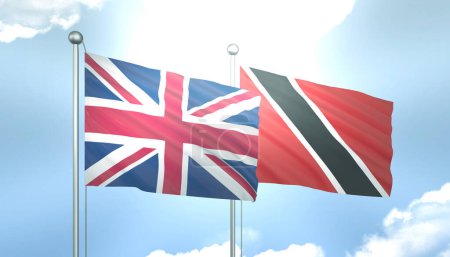 3D Flagge von Großbritannien und Trinidad Tobago auf blauem Himmel mit Sonnenschein