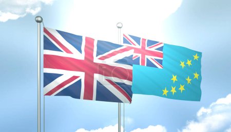 3D Flag of United Kingdom and Tuvalu on Blue Sky with Sun Shine