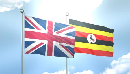 3D Flag of United Kingdom and Uganda on Blue Sky with Sun Shine