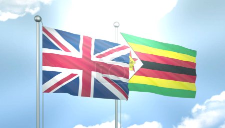 3D Flag of United Kingdom and Zimbabwe on Blue Sky with Sun Shine