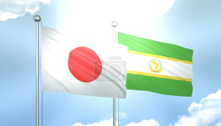 3D Flag of Japan and African Union  on Blue Sky with Sun Shine