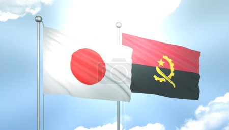3D Flag of Japan and Angola  on Blue Sky with Sun Shine