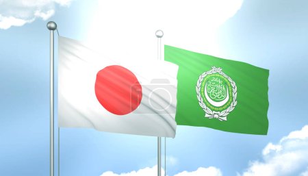 3D Flag of Japan and Arab League on Blue Sky with Sun Shine