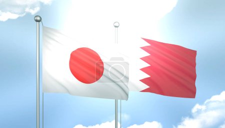 3D Flag of Japan and Bahrain on Blue Sky with Sun Shine