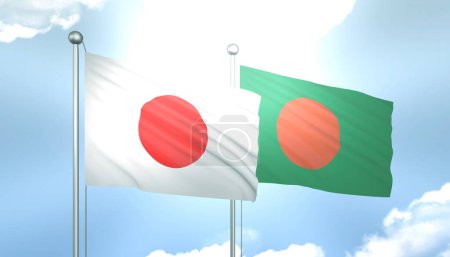 3D Flag of Japan and Bangladesh on Blue Sky with Sun Shine