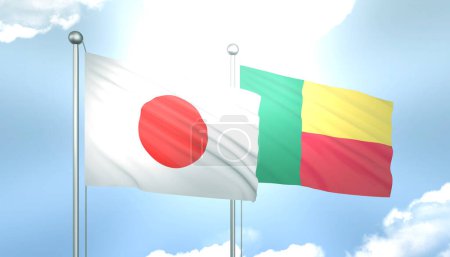 3D Flag of Japan and Benin on Blue Sky with Sun Shine