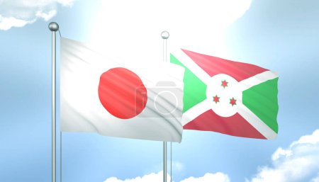 3D Flag of Japan and Burundi on Blue Sky with Sun Shine