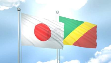 3D Flag of Japan and Congo republic on Blue Sky with Sun Shine