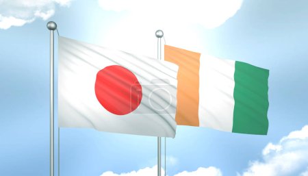 3D Flag of Japan and Cote Divoire on Blue Sky with Sun Shine