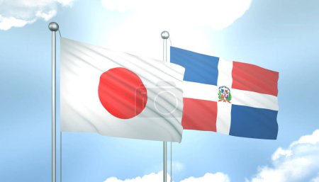 Bandera 3D de Japón y Dominic en Cielo Azul con Sol Brillante