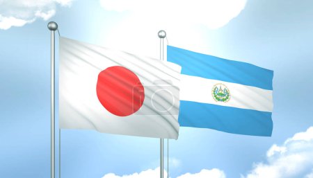 3D Flag of Japan and El Salvador on Blue Sky with Sun Shine
