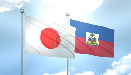 3D Flag of Japan and Haiti  on Blue Sky with Sun Shine