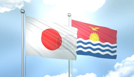 Bandera 3D de Japón y Kiribati en Cielo Azul con Sol Brillante