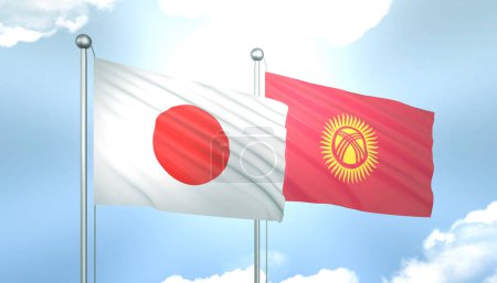 3D Flag of Japan and Kyrgyzstan on Blue Sky with Sun Shine