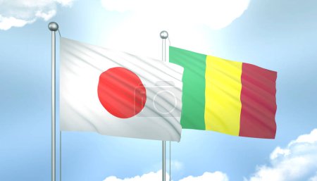 Bandera 3D de Japón y Malí en Cielo Azul con Sol Brillante