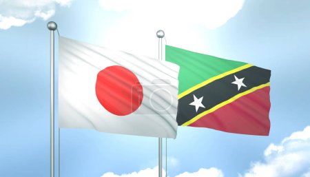 Foto de Bandera 3D de Japón y San Cristóbal y Nieves en Cielo Azul con Sol Brillante - Imagen libre de derechos