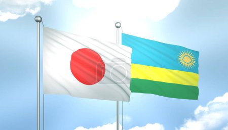 3D Flag of Japan and Rwanda on Blue Sky with Sun Shine