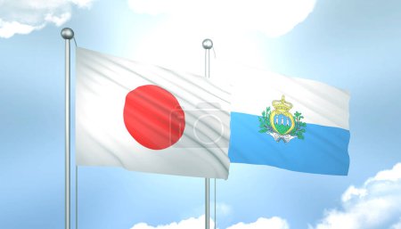 3D Flag of Japan and San Marino on Blue Sky with Sun Shine