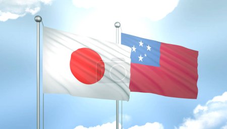 3D Flag of Japan and Samoa on Blue Sky with Sun Shine