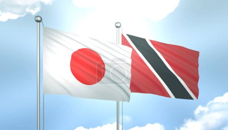 3D Flag of Japan and Trinidad Tobago on Blue Sky with Sun Shine