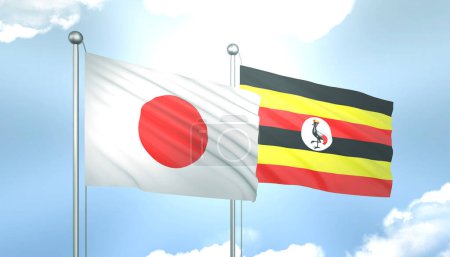 3D Flag of Japan and Uganda on Blue Sky with Sun Shine