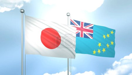3D-Flagge von Japan und Tuvalu am blauen Himmel mit Sonnenschein