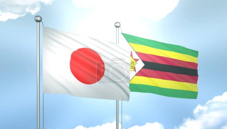 3D Flag of Japan and Zimbabwe on Blue Sky with Sun Shine