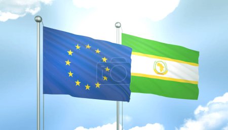 3D Flag of European Union and African Union on Blue Sky with Sun Shine