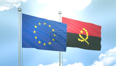 3D Flag of European Union and Angola on Blue Sky with Sun Shine