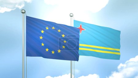 3D Flag of European Union and Aruba on Blue Sky with Sun Shine