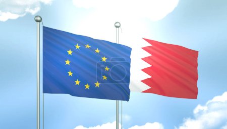 3D Flag of European Union and Bahrain on Blue Sky with Sun Shine