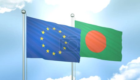 3D Flag of European Union and Bangladesh on Blue Sky with Sun Shine