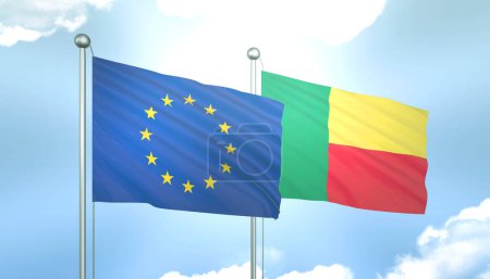 3D Flag of European Union and Benin on Blue Sky with Sun Shine