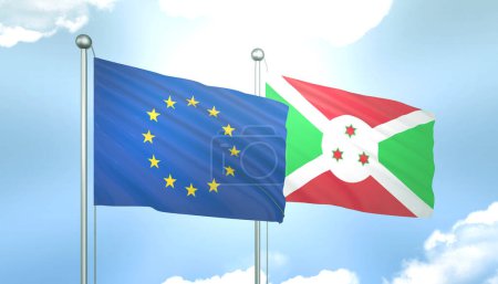 3D Flag of European Union and Burundi on Blue Sky with Sun Shine