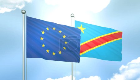 3D Flag of European Union and Democratic Republic of the Congo on Blue Sky with Sun Shine