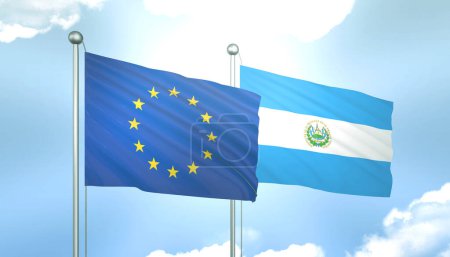 3D Flag of European Union and El Salvador on Blue Sky with Sun Shine