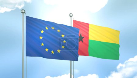 3D Flag of European Union and Guinea Bissau on Blue Sky with Sun Shine