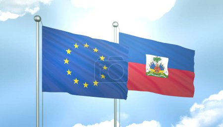 3D Flag of European Union and Haiti on Blue Sky with Sun Shine