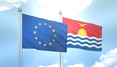 3D-Flagge der Europäischen Union und Kiribati am blauen Himmel mit Sonnenschein