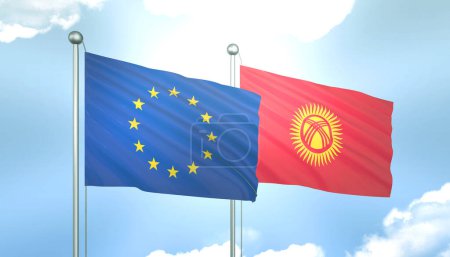 3D Flag of European Union and Kyrgyzstan on Blue Sky with Sun Shine