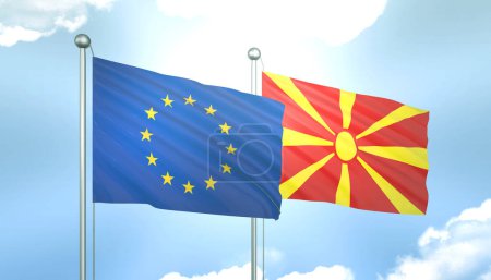 3D-Flagge der Europäischen Union und Mazedoniens am blauen Himmel mit Sonnenschein