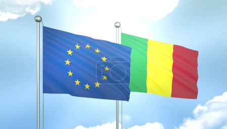 Bandera 3D de la Unión Europea y Malí en Cielo Azul con Sol Brillante