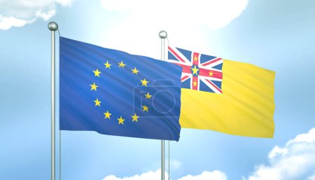 3D Flag of European Union and Niue on Blue Sky with Sun Shine