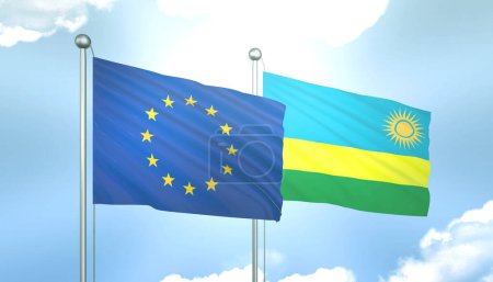 3D Flag of European Union and Rwanda on Blue Sky with Sun Shine