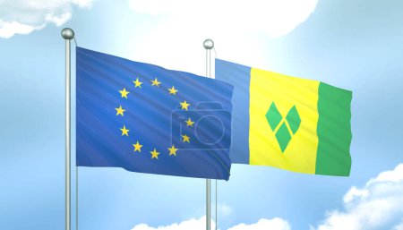 Bandera 3D de la Unión Europea y San Vicente en Cielo Azul con Sol Brillante