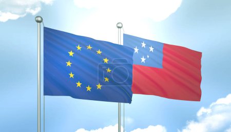 Bandera 3D de la Unión Europea y Samoa en Cielo Azul con Sol Brillante