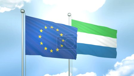 3D Flag of European Union and Sierra Leone on Blue Sky with Sun Shine