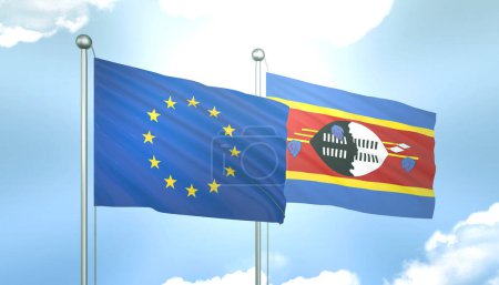 3D-Flagge der Europäischen Union und Swasiland am blauen Himmel mit Sonnenschein