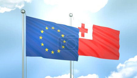 3D Flag of European Union and Tonga on Blue Sky with Sun Shine
